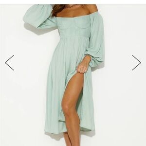 Hello Molly Green Smocked Off-Shoulder Midi Dress